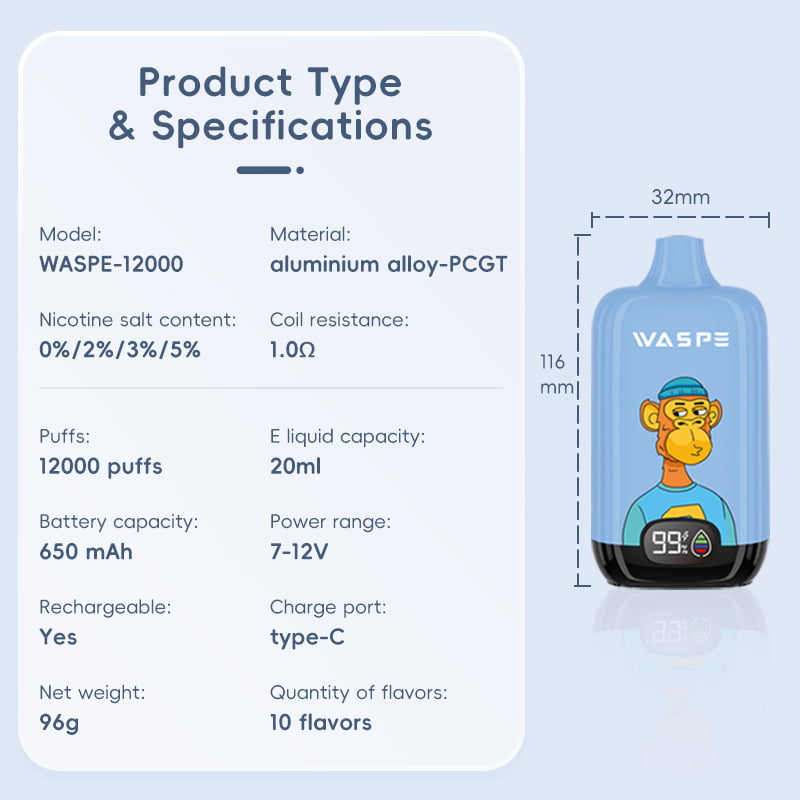 WASPE 12000 PUFFS Digital Box 0% 2% 3% 5% Nikotin engangsvape Engros - ClueVape - 22