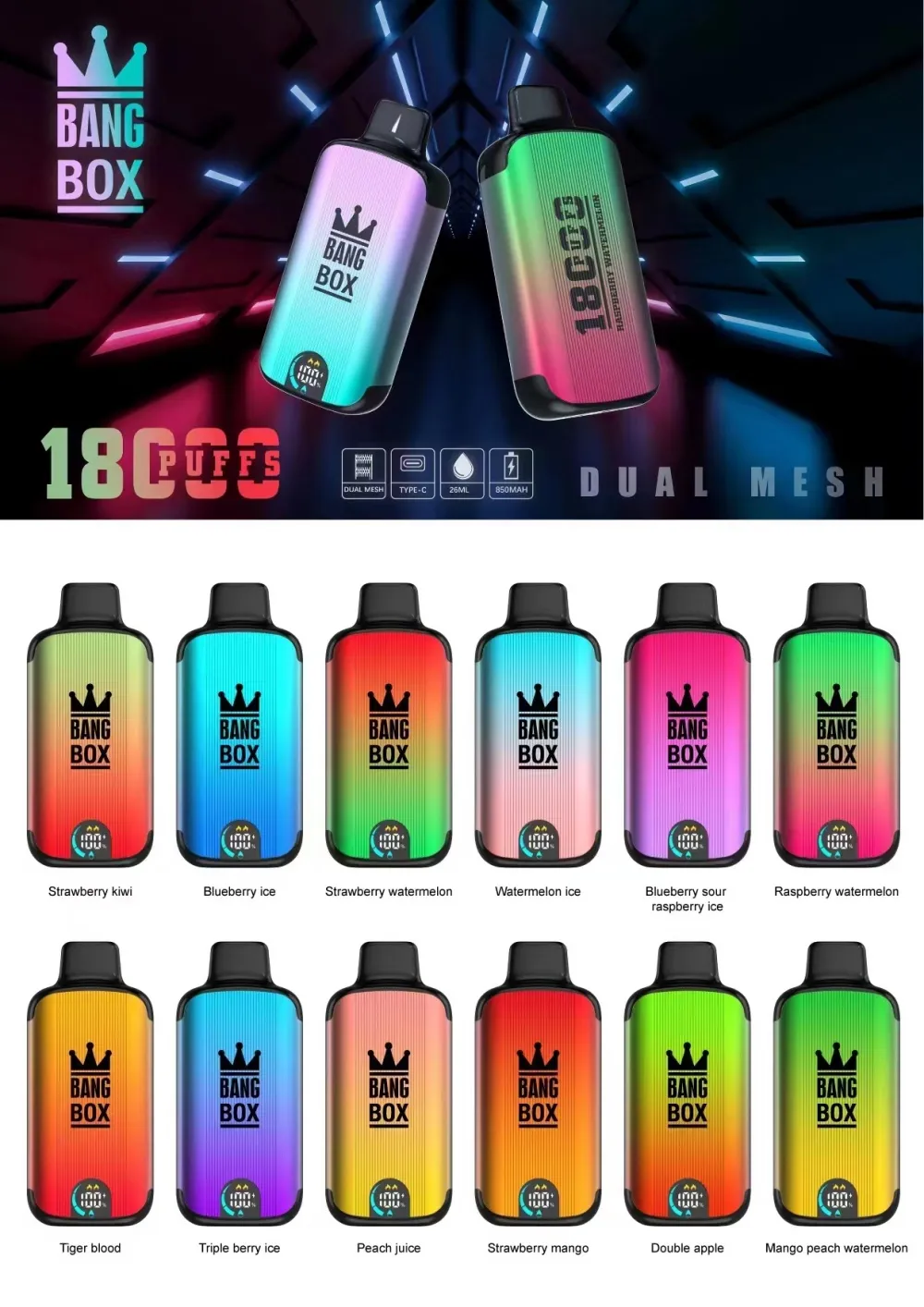 Bang Box 18000 puff LED kijelző 0% 2% 3% 5% Nikotin Tömeges Vásárlás Eldobható Vapes Nagyker