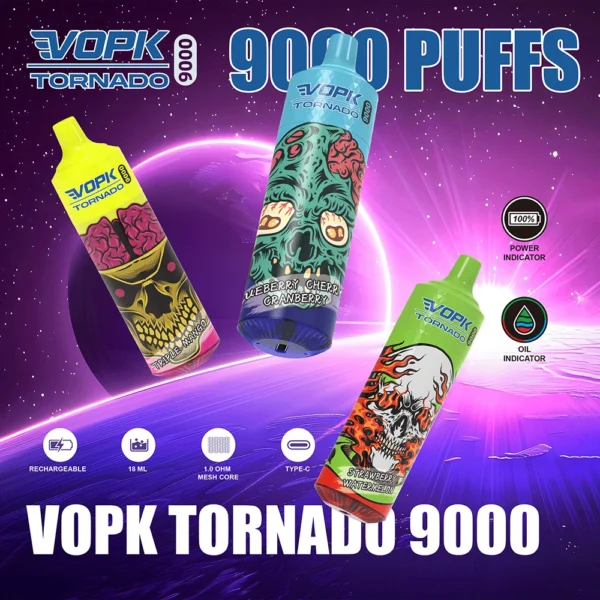 VOPK Tornado 9000 Puffs 0% 2% 3% 5% Low Nicotine Rechargeable Disposable Vapes Pen Bulk Buy Wholesale - ClueVape - 1