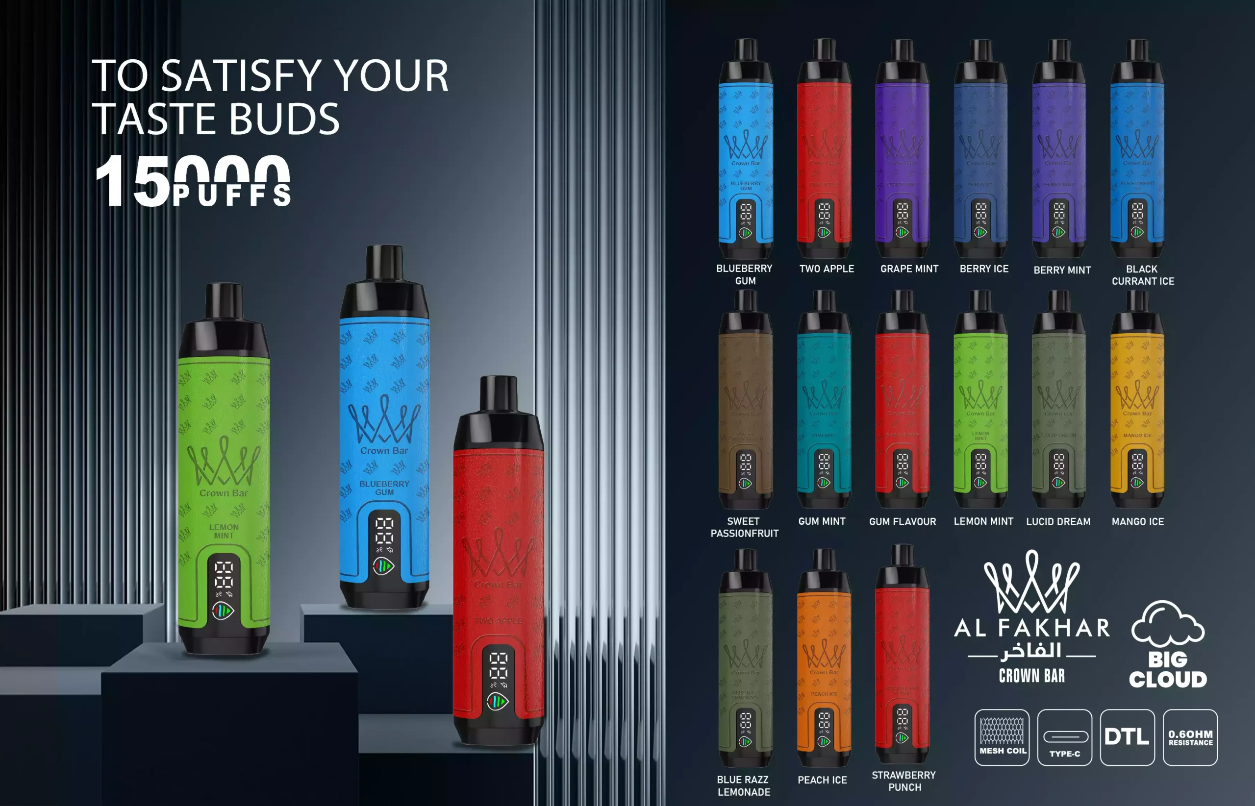 Al Fakhar Crown Bar 15000 Puffs DTL LED kijelző 2% Alacsony nikotintartalmú Újratölthető Eldobható Vapes Pen Tömeges Vásárlás Nagyker