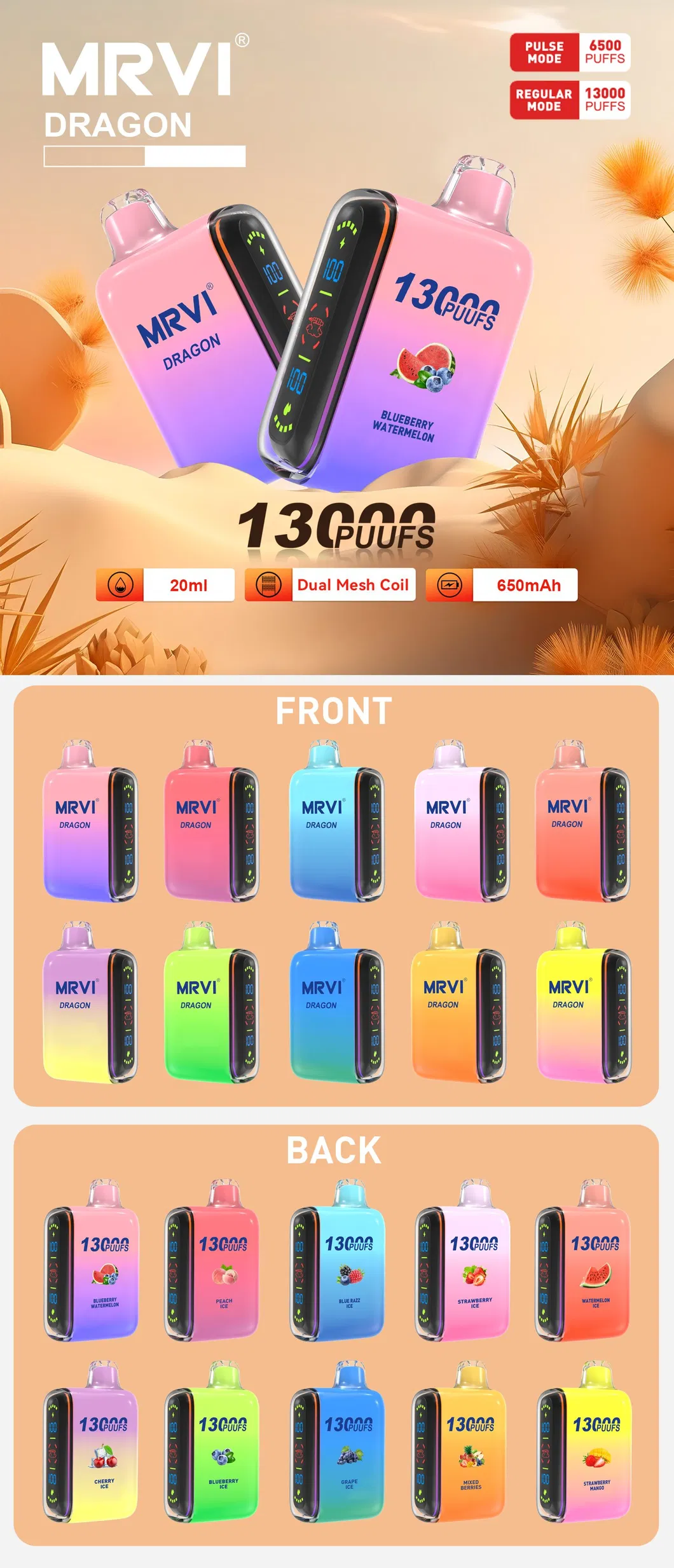 MRVI Dragon 13000 Puffs Dual Mesh digitális képernyő 2% 5% Alacsony nikotintartalmú Újratölthető Eldobható Vapes Pen Tömeges Vásárlás Nagyker