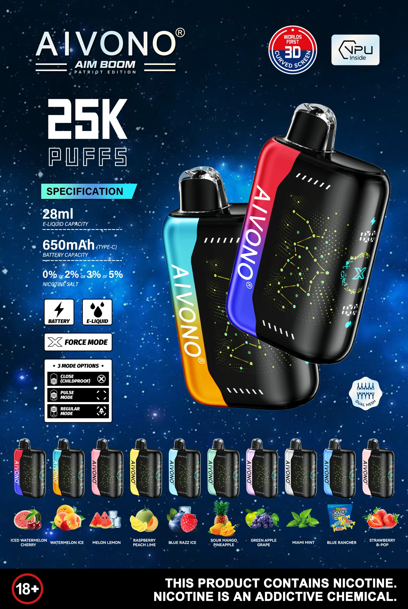 AIVONO AIM BOOM 25000 Puff-uri Ecran digital cu plasă duală 0% 2% 3% 5% Stilo vape reîncărcabil de unică folosință cu nicotină scăzută Cumpărați cu ridicata